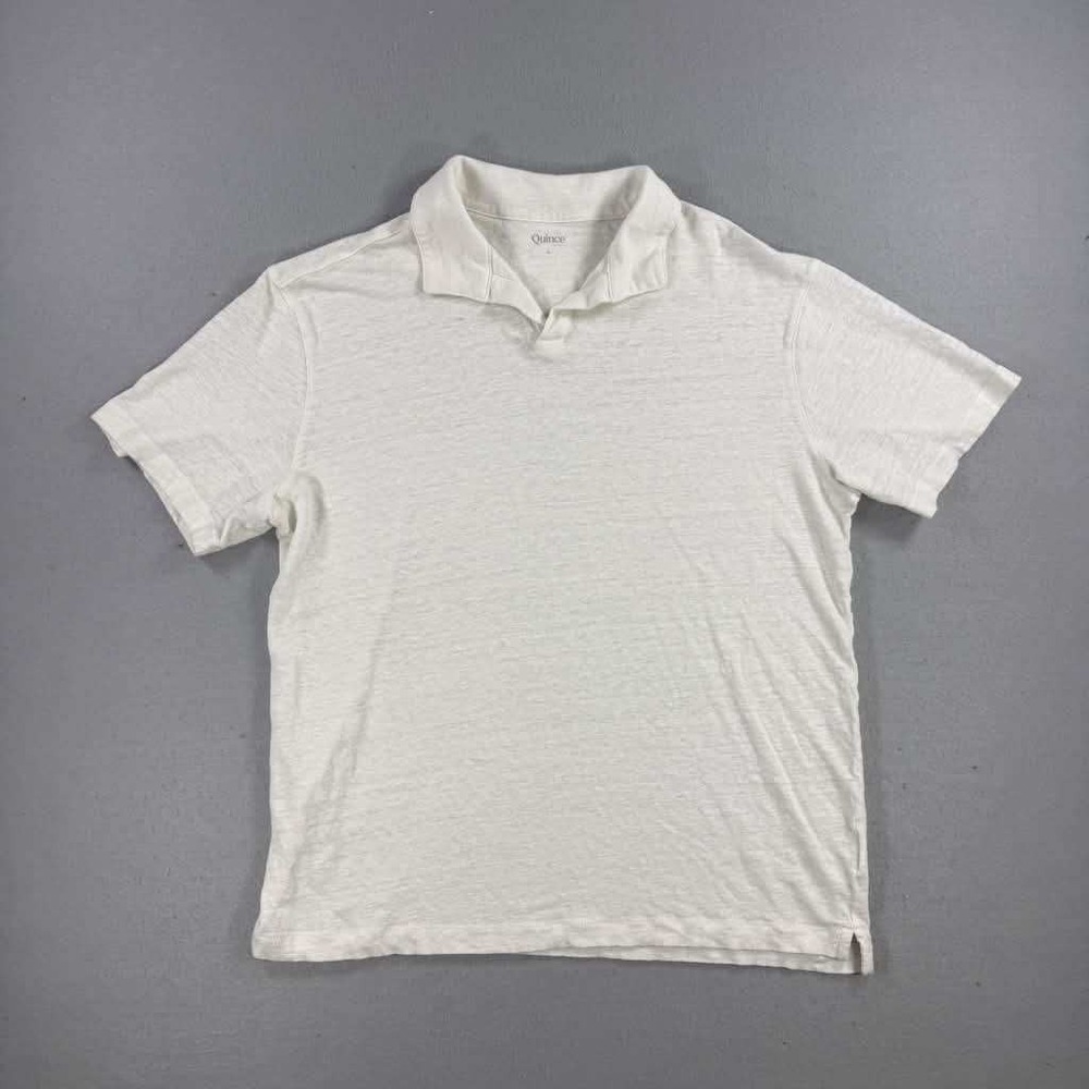 Quince Polo Shirt Men Large White 100% Linen Jersey Short Sleeve V-Neck Summer